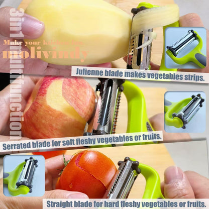 Julienne Peeler, Potato Vegetable Peeler for Kitchen, I and Y Potato Peelers for Apple Fruit Carrot Zucchini Cucumber Veggie, 3 in 1 Blade Spin Design With Julienne Peeler, Anti-Slip Handle
