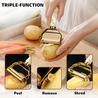 MULTI-FUNCTIONAL 3-IN-1 PEELER, Stainless Steel Peeler, Fruit, Potatoes Peeler for Kitchen,The three functions of peeling, shredding, digging holes are integrated with Ergonomic Non-Slip Handle(gold)