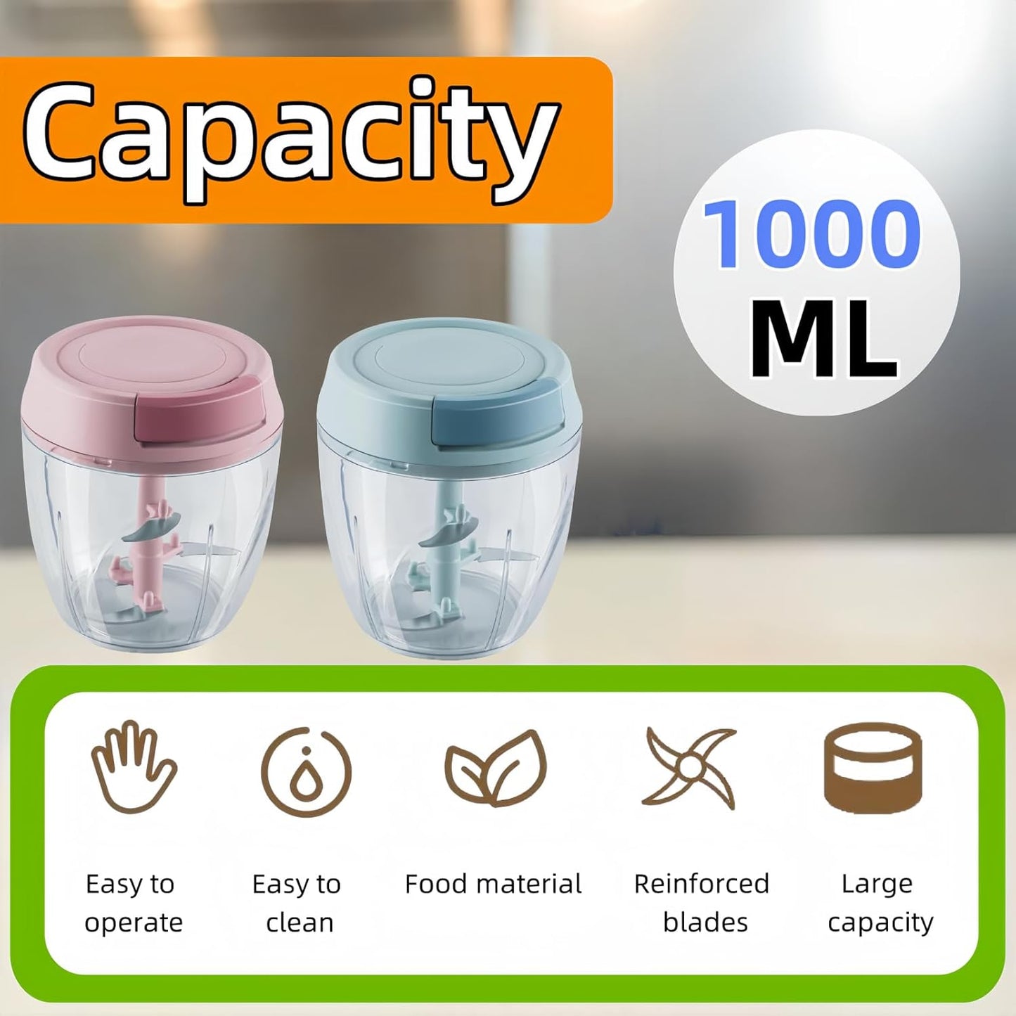 Manual Food Processor, Garlic Mincer Hand Cutter, Vegetable Chopper for Kitchen Gadgets, Hand Pull String onion chopper for Veggies, Ginger, Fruits, Nuts, Herbs, etc, 1000ML (blue)