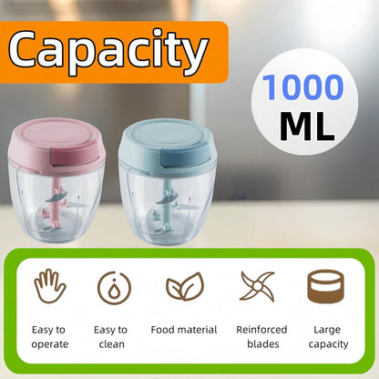 Manual Food Processor, Garlic Mincer Hand Cutter, Vegetable Chopper for Kitchen Gadgets, Hand Pull String onion chopper for Veggies, Ginger, Fruits, Nuts, Herbs, etc, 1000ML (blue)