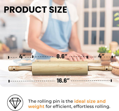 KARRYOUNG Rubber Wood Rolling Pin for Baking, Kitchen Dough Roller With Handles, Rodillo Para Masa, Rolling Pin for Dough, Pizza,Bread, Fondant & Tortilla