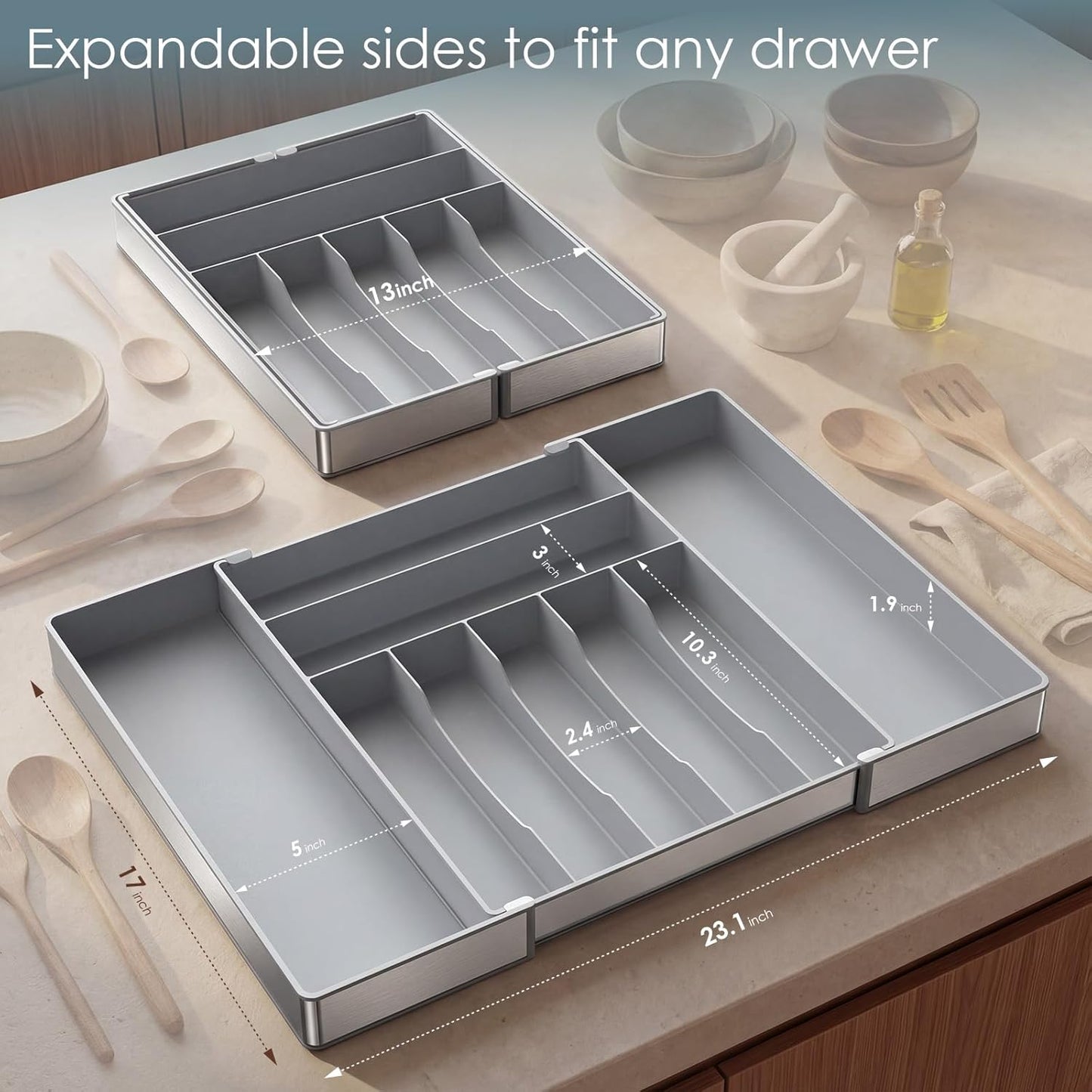 Extra Large Silverware Organizer, 9 Slot Expandable Kitchen Drawer Organizer, Utensil Holder, Heavy Duty Stainless Steel Frame Silverware Drawer Organizer, 8 Non-Slip Feet Included, BPA Free, Black