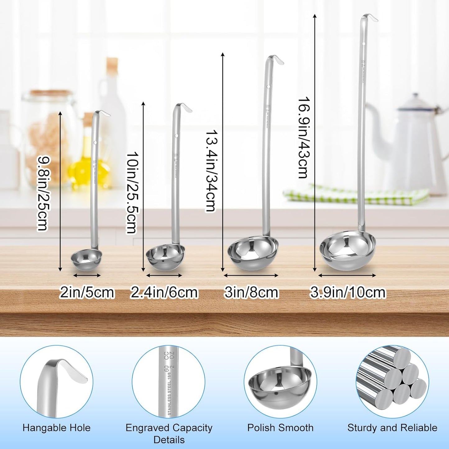 8pcs Stainless Steel Soup Ladle for Serving with Long Handles Sturdy Soup Ladle Portion Control Serving Spoons Cooking Servings Ladles for Cooking Stirring Sauce Kitchen Home Accessories Restaurant