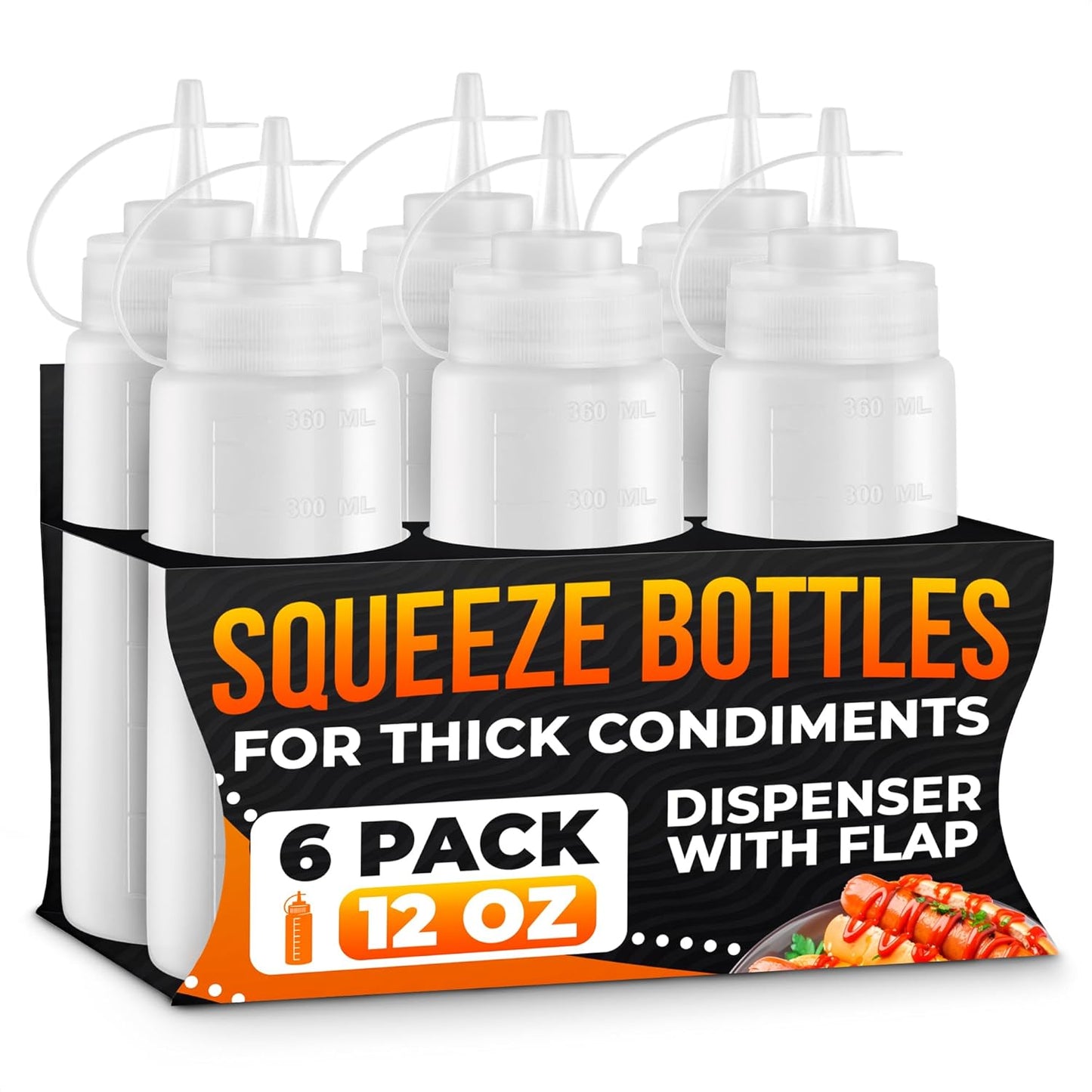 Set of 6 Inverted Condiment Squeeze Bottles 16 oz – Upgraded Design with Added Sealing Gaskets, Self-Closing Valve, Easy-to-Fill Clear Bottles for Sauces, Dressings, Ketchup, Mustard for Everyday Use