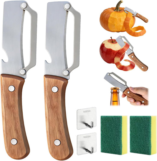 3PCS MultiFunctional Vegetable Peeler, 2 in 1 Stainless Steel Vegetable Peeler with Wooden Handle and Bottle Opener, Sharp Veggie Peeler, Peelers for Kitchen, Fruit Apple Potato Pumpkin Papaya