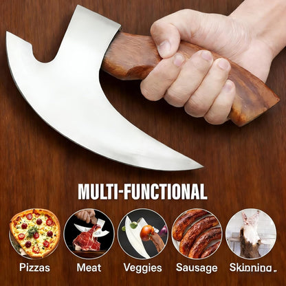 Pizza Cutter Chef Pizza Axe, Camping Knives Tools Mezzaluna Ulu Knife Viking Butcher Cleaver Super Steel Wooden Handle Sharp Rocker Slicer Stainless Steel Blade (walnut wood, 8.6inch)