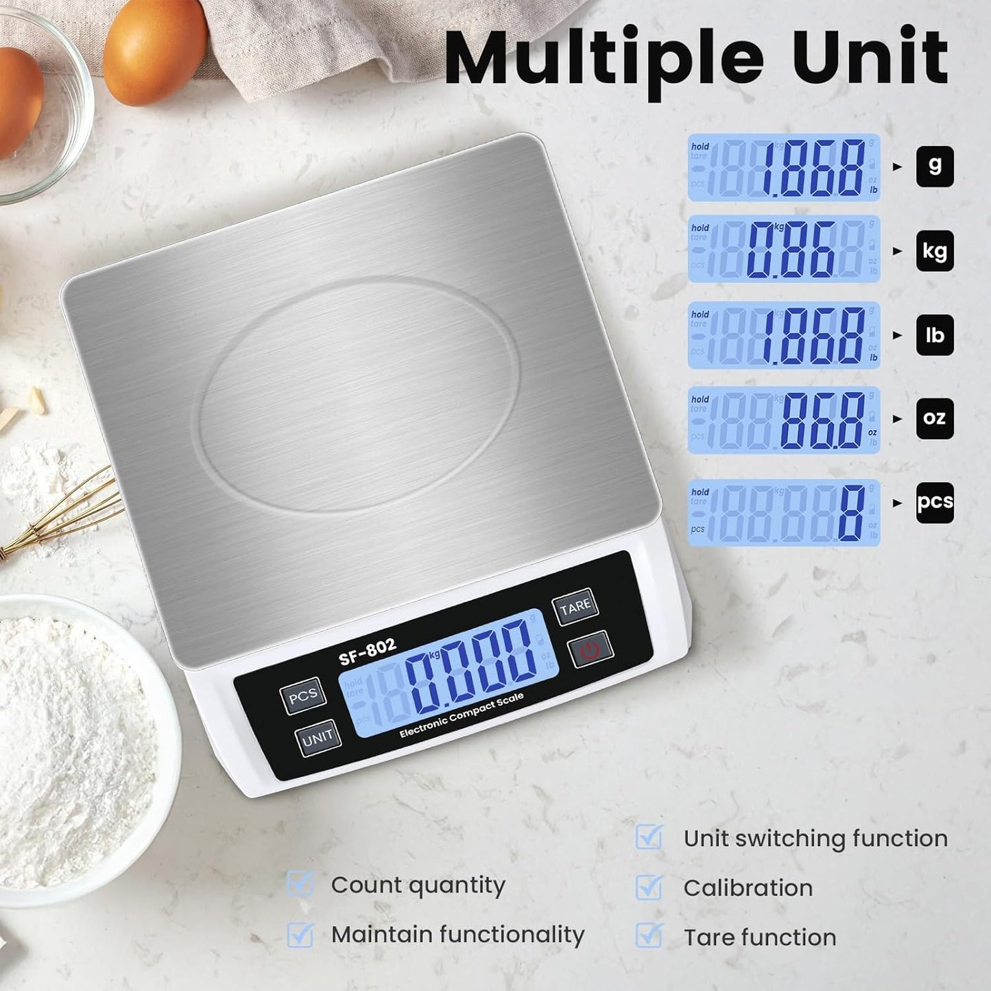 Digital Kitchen Scale 30kg/66lb Large Food Scale for Baking Cooking Stainless Bread Scale with LCD Display Counting Scales for Commercial (Color : Stainless Black)