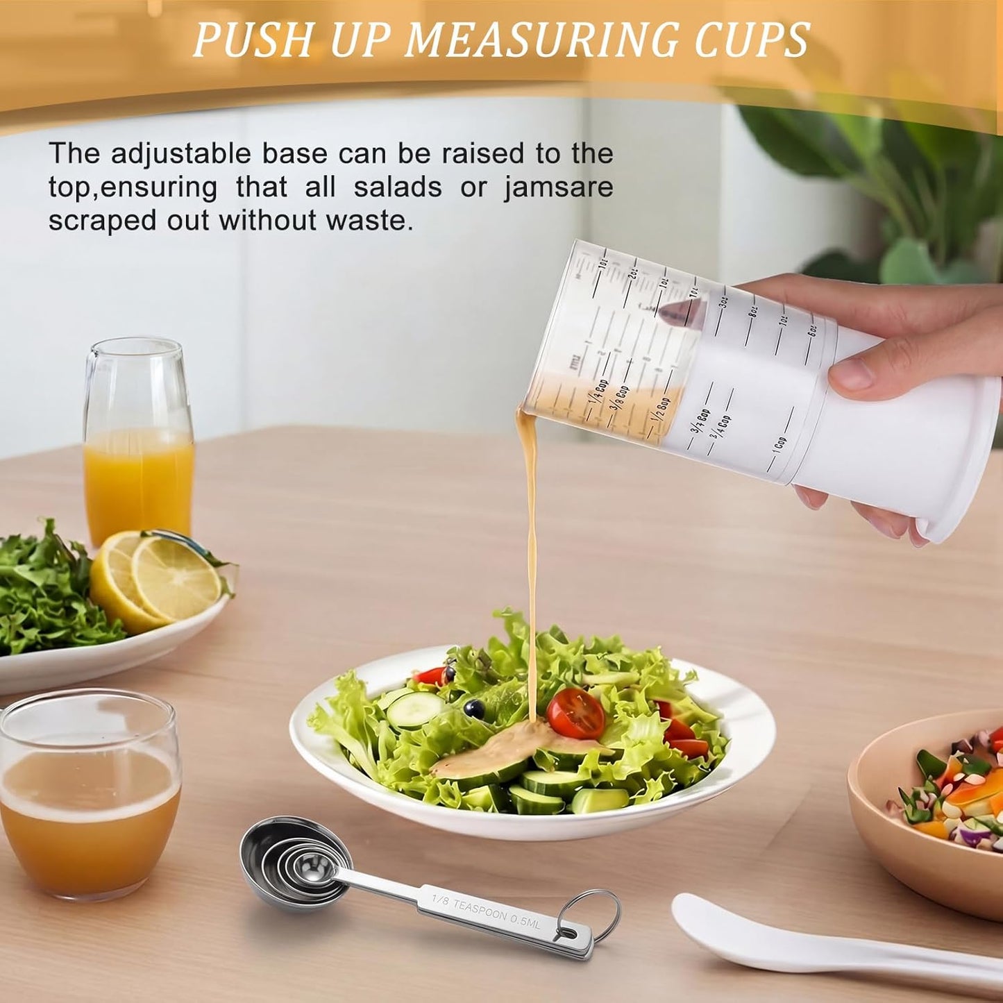 6 Pcs Adjustable Measuring Cups Set Includes 2 Cup Push up Measuring Cup and 5 Measurings Spoon for Peanut Butter 4 in 1 Liquid Dry Semi Solid Ingredient Home Cooking Tool