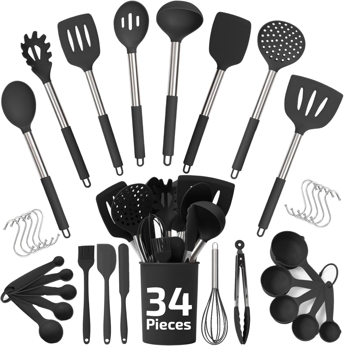 Silicone Kitchen Utensils Set 34 Pieces 450 °F Heat Resistant - Grey Cooking Utensils-Set for Nonstick Cookware - Silicone Spatulas Set, Stainless Steel Handle & Other Kitchen accessories