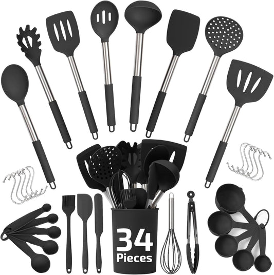 Silicone Kitchen Utensils Set 34 Pieces 450 °F Heat Resistant - Grey Cooking Utensils-Set for Nonstick Cookware - Silicone Spatulas Set, Stainless Steel Handle & Other Kitchen accessories