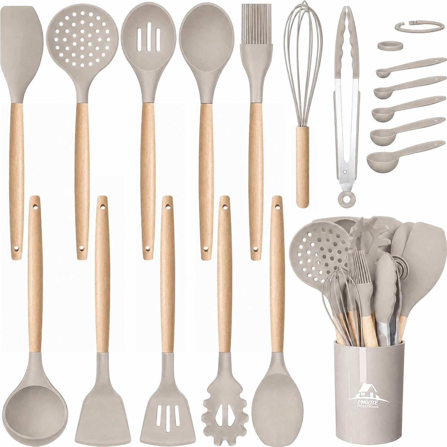 MIBOTE Silicone Cooking Kitchen Utensils Set with Holder, Wooden Handles BPA Free Non Toxic Silicone Turner Tongs Spatula Spoon Kitchen Gadgets Utensil Set for Nonstick Cookware (Coffee)