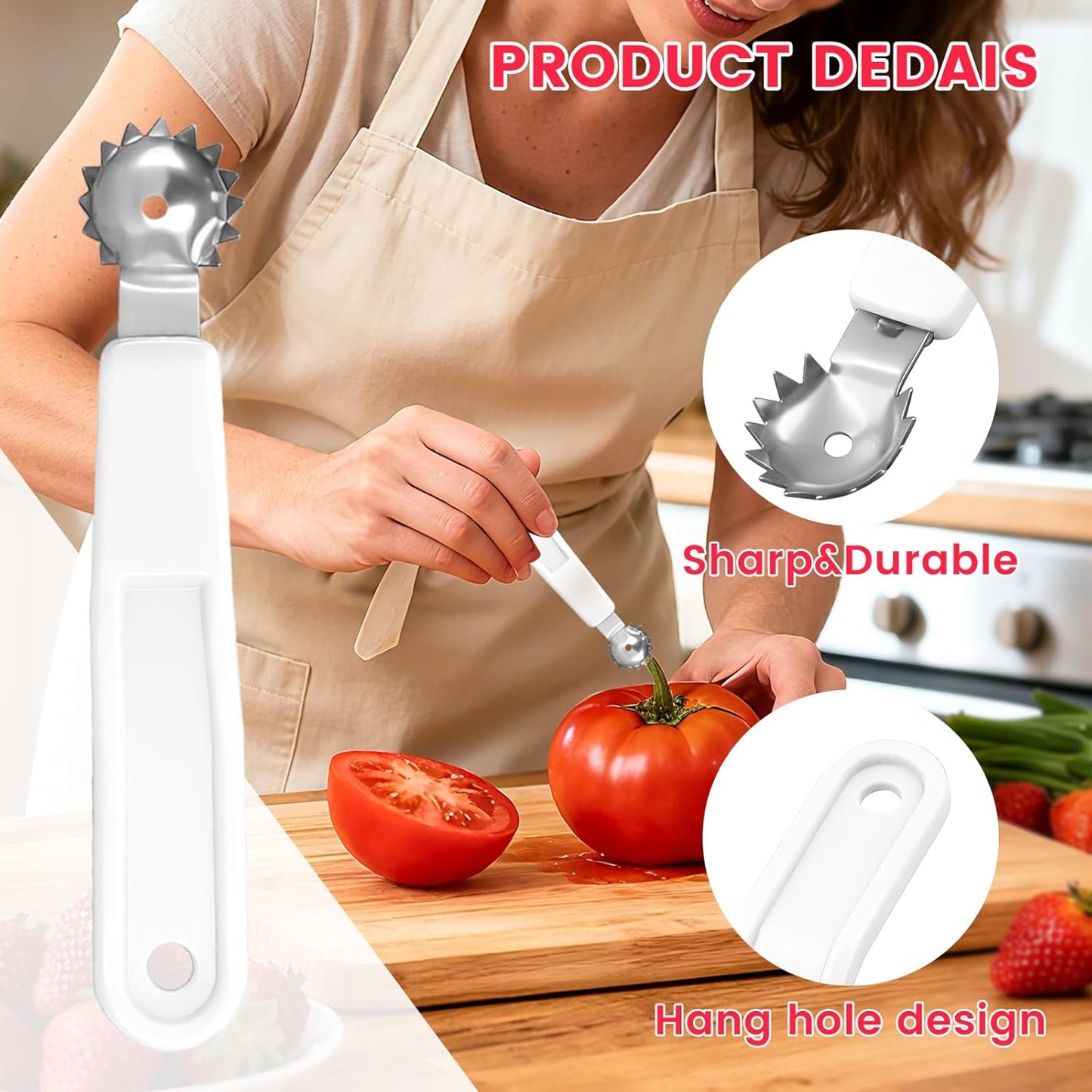 5 Pcs Tomato Corer Tool Strawberry Huller Stem Remover, Handle with hole, Stainless Steel, Fruit Corer Tool for Tomato Strawberry (Red+White)
