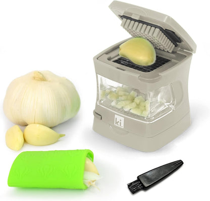 Garlic-A-Peel Garlic Press, Crusher, Cutter, Mincer, and Storage Container - Includes Silicone Garlic Peeler - Easy to Clean - Stainless Steel Blades – (Black), standard