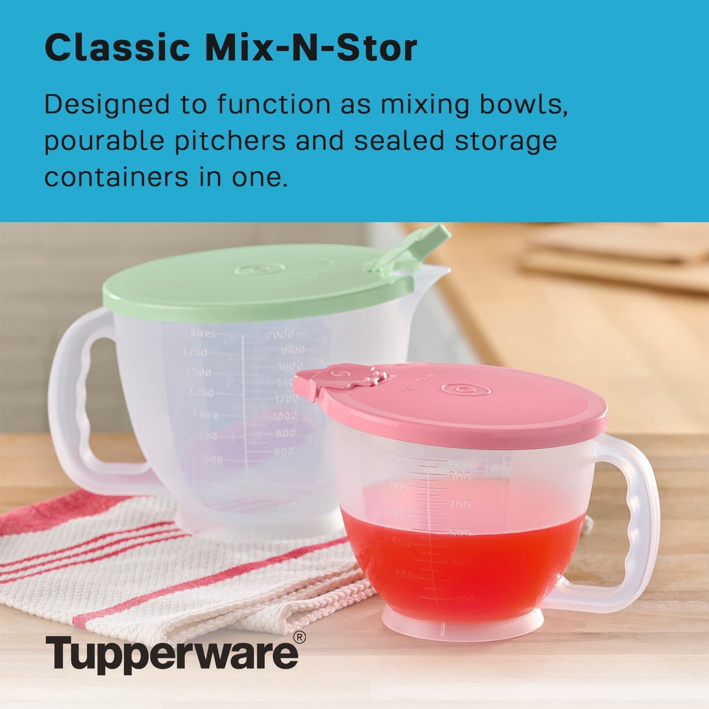 Tupperware Classic Mix-N-Store Pitcher Set in Mint Green and Candy Pink, Dishwasher Safe and BPA Free (2 Bowls, 2 Lids)