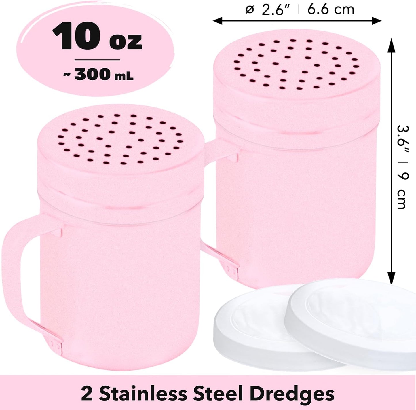 CUSINIUM Metal Salt Pepper Dredge Shakers - With Handle - Seasonings Spice Shakers With Holes and Lids - 10 Ounce, 2pcs | Style: Medium