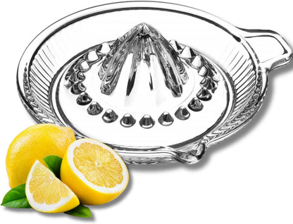 Glass Lemon Juicer, Small Grapefruit and Citrus Juicer, Extractor Manual Hand with Handle and Pour Spout, BPA Free and Lead-Free Heavyweight Crystal Clear Glass 10.1oz (Yellow)