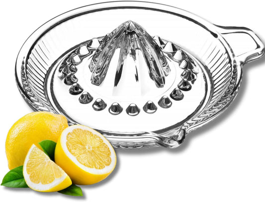 Glass Lemon Juicer, Small Grapefruit and Citrus Juicer, Extractor Manual Hand with Handle and Pour Spout, BPA Free and Lead-Free Heavyweight Crystal Clear Glass 10.1oz (Yellow)