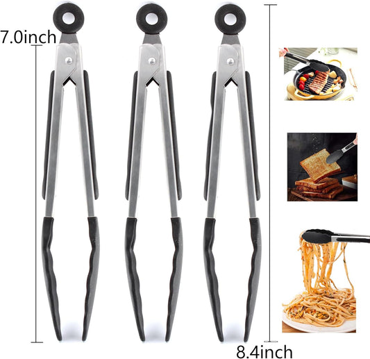 Septe 7Inch Mini Silicone Kitchen Tongs for serving food, Small Serving Tongs with Silicone Tips, Set of 3 (Purple)