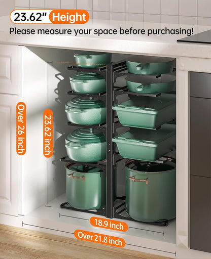 ORDORA Pots and Pans Organizer for Cabinet 16.61 Height, 8 Tier Pot Organizers Rack with 3 DIY Methods, Adjustable Pan Organizer under Cabinet Kitchen Organization and Storage