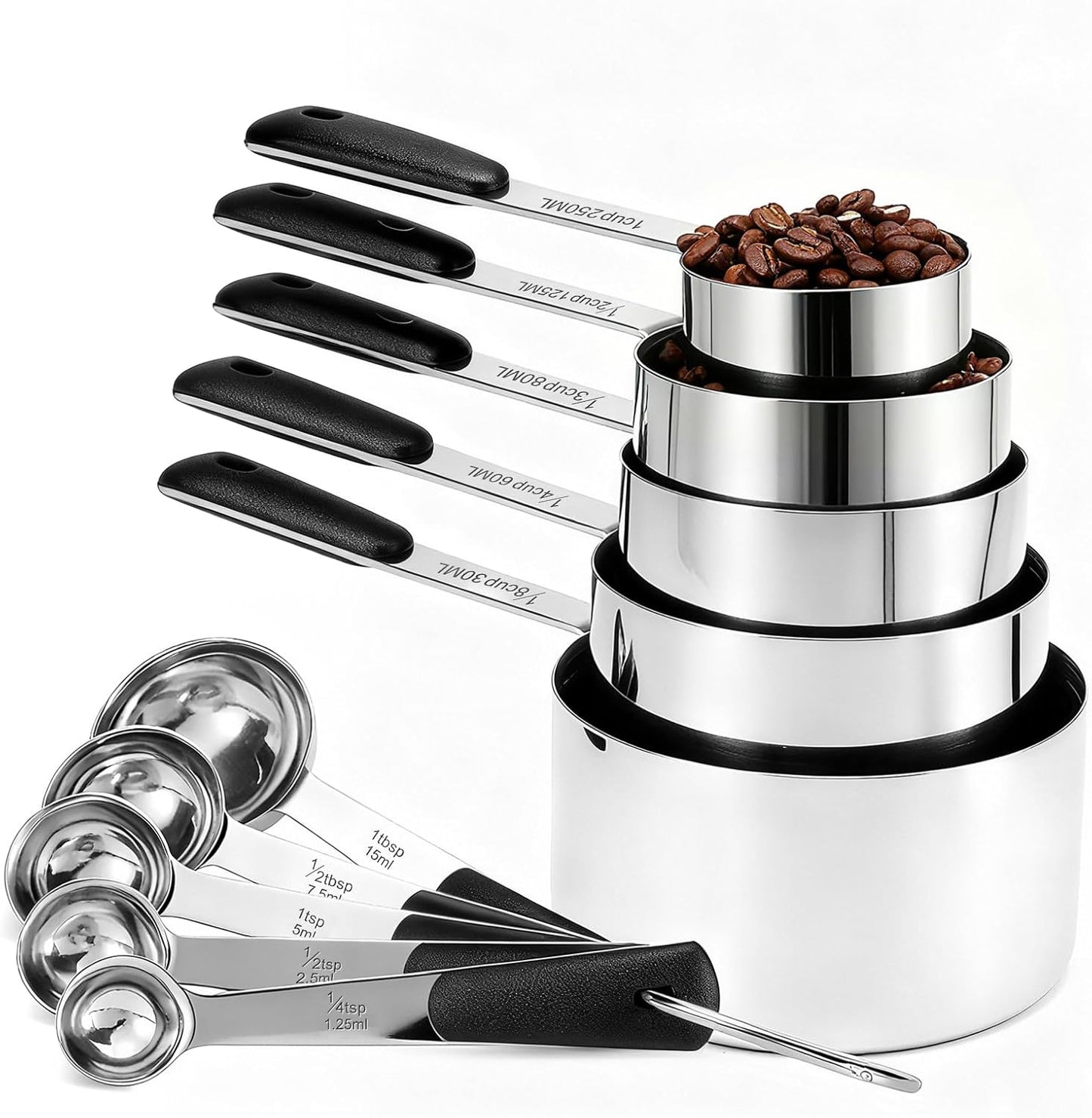 Bopei Measuring Cups and Spoons Set Stainless Steel 10 Piece for Cooking and Baking (5 Cups + 5 Spoons, Colorful Handles)