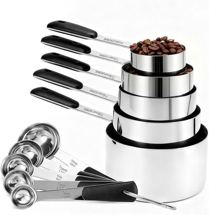 Bopei Measuring Cups and Spoons Set Stainless Steel 10 Piece for Cooking and Baking (5 Cups + 5 Spoons, Colorful Handles)