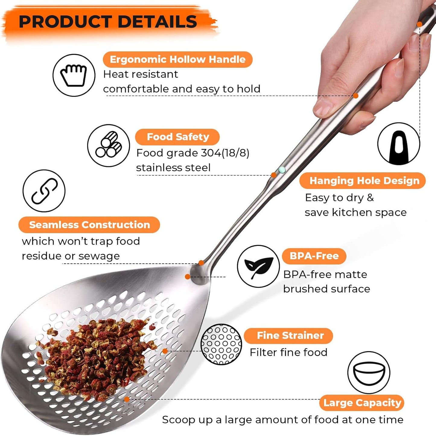 MARTE Skimmer Slotted Spoon Set of 4 - Kitchen Pasta Strainer Spoon - Spider Strainer Skimmer Ladle Spoon with Holder for Cooking and Frying Food, Spaghetti, Vegetable, Dumpling - 14.8In,16.5In,17In