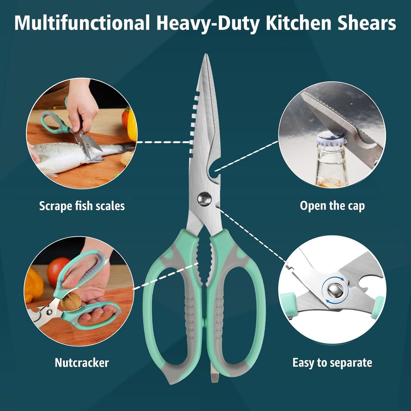 BoFuYuan Kitchen Scissors, 9-Inch Heavy Duty Multipurpose Food Cutting Shears, Detachable Dishwasher Safe, Sharp Serrated Blade, Ergonomic Non-Slip Handle for Food, Meat, Herbs, Black
