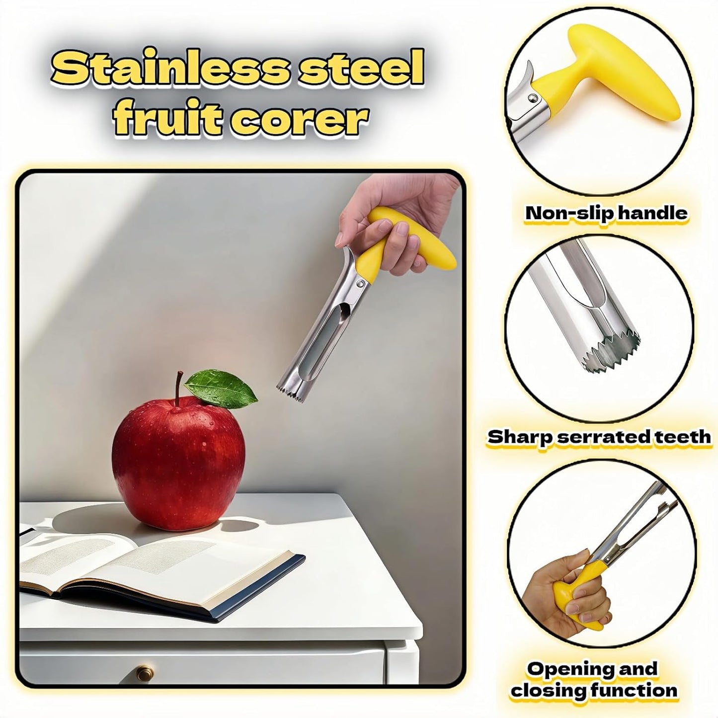 Apple Corer, Stainless Steel Apple Corer and Divider with Sharp Serrated Blade – Easy to Use – Core Remover Tool for Apples, Pears, Cupcakes – Heavy-Duty Kitchen Gadget for Baking, Cooking (Yellow)