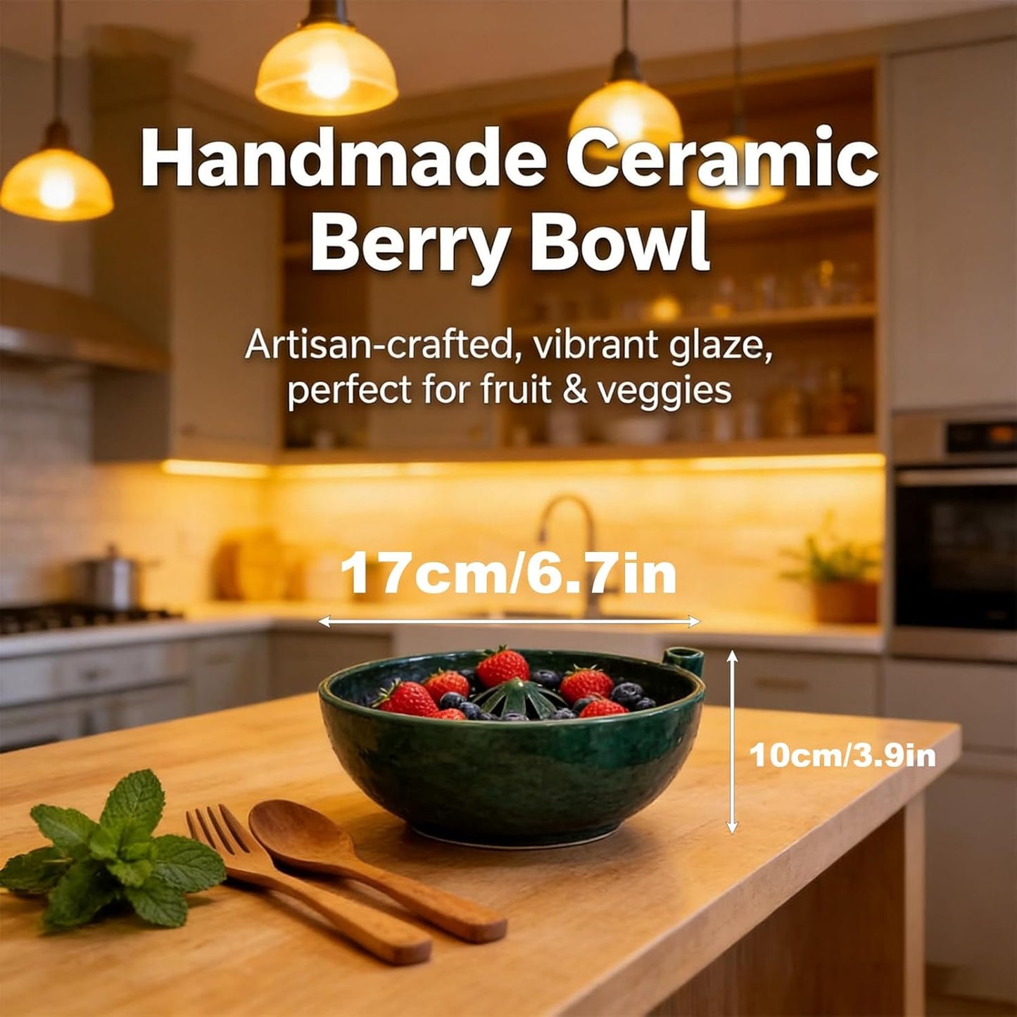 Self Spinning Berry Washing Bowl, Berry Rinse Bowls with Holes Ceramic, Fruit Washer Spinner with Strainer and Colander, Handmade Berry Colander Vegetables for Kitchen (1pc)