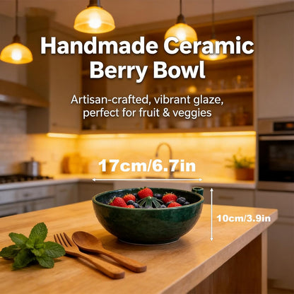 Self Spinning Berry Washing Bowl, Berry Rinse Bowls with Holes Ceramic, Fruit Washer Spinner with Strainer and Colander, Handmade Berry Colander Vegetables for Kitchen (1pc)