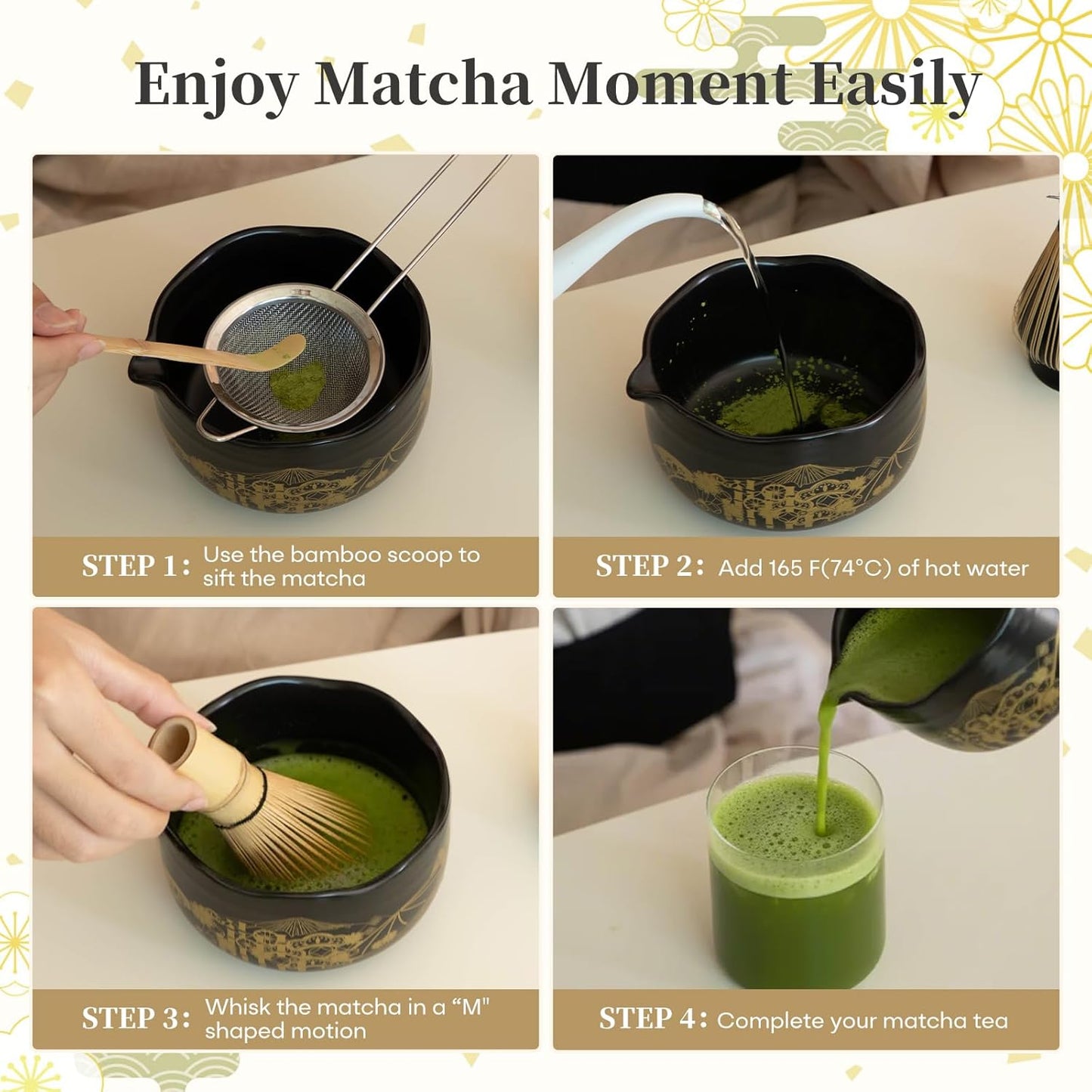 Matcha Whisk Set, 5 Pcs Traditional Japanese Matcha Whisk Preparation Kit, White Glossy Ceramic Bowl with Black Cat and Strawberry Pattern