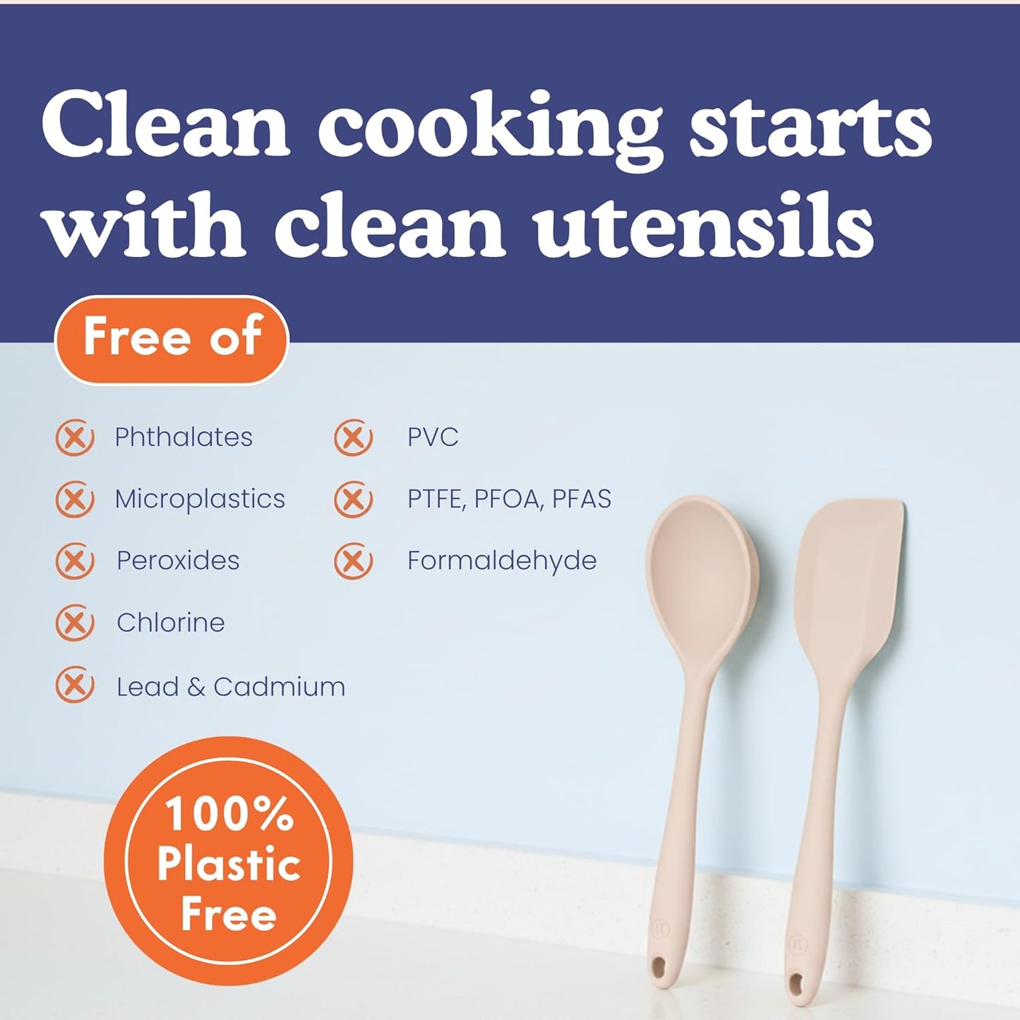 Non-Toxic Platinum Silicone Kitchen Utensil Set of 2 – Non-Scratch Cooking Spoon & Spatula, 100% Plastic Free, Stainless Steel Core, Heat Resistant 500°F, Beige