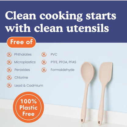 Non-Toxic Platinum Silicone Kitchen Utensil Set of 2 – Non-Scratch Cooking Spoon & Spatula, 100% Plastic Free, Stainless Steel Core, Heat Resistant 500°F, Beige