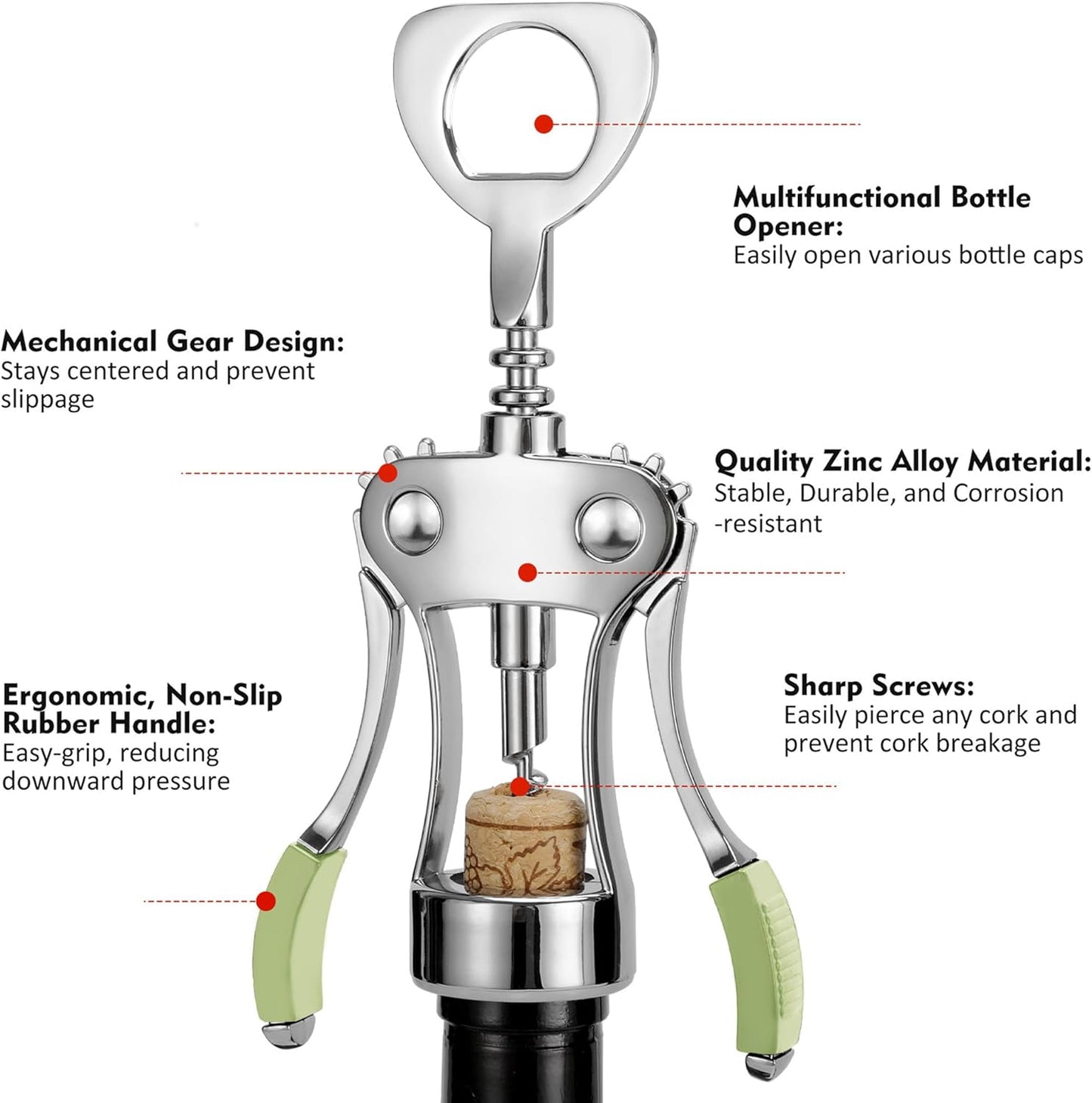 KORCCI Wine Opener, Heavy-Duty Zinc Alloy Wing Corkscrew, Premium Beer Bottle Opener, Multifunctional Wine Accessories with Ergonomic Handle and Sharp Screw, for Kitchen, Bar, Restaurant (SILVER)