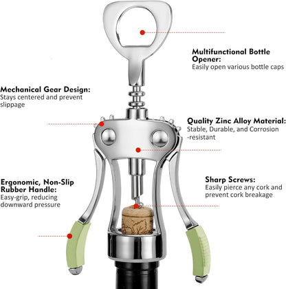 KORCCI Wine Opener, Heavy-Duty Zinc Alloy Wing Corkscrew, Premium Beer Bottle Opener, Multifunctional Wine Accessories with Ergonomic Handle and Sharp Screw, for Kitchen, Bar, Restaurant (SILVER)