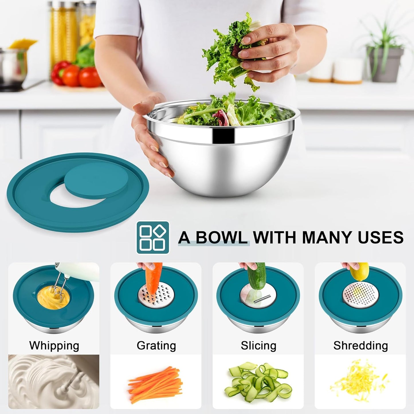 E-far Stainless Steel Mixing Bowls with Lids Set, 5-Piece Nesting Salad Bowls with 3 Grater Attachments and Non-Slip Bottoms, Size 4.6, 2.6, 2, 1.5, 1QT for Kitchen (Black)
