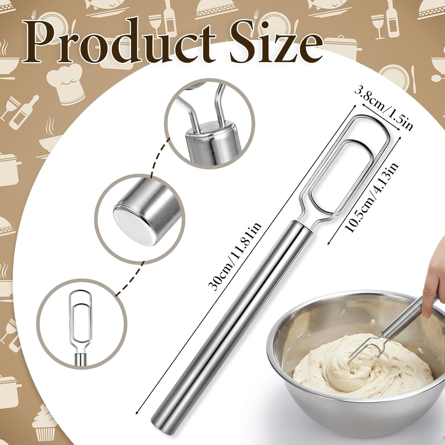Danish Dough Whisk for Sourdough Starter, Stainless Steel Hand Dough Mixer, 12 Inch Sourdough Starter Stirring Hook, Dutch Bread Whisk for Cooking, Whisking, Pizza, Bread, Cake (Dishwasher Safe)