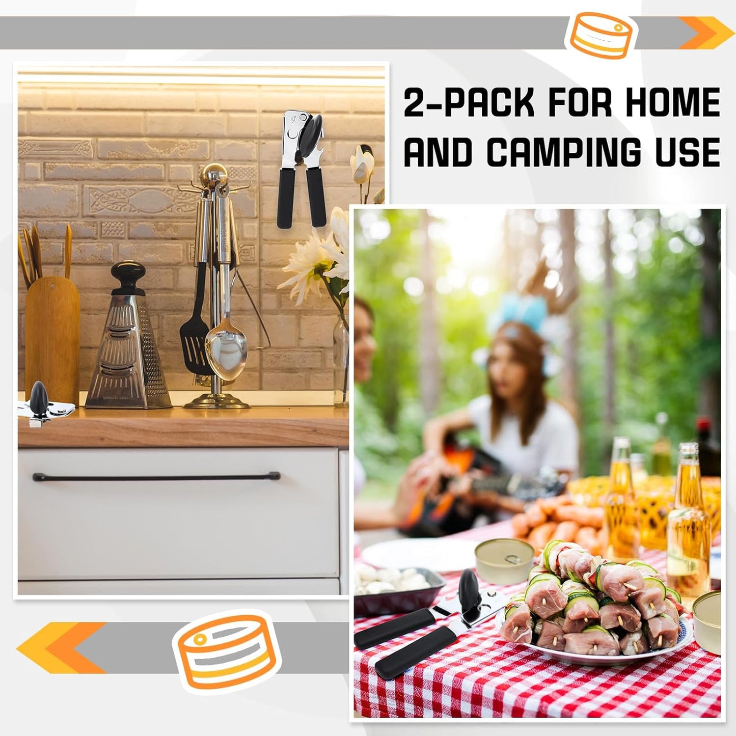 2 Pack Can Opener Manual with Magnet, Heavy Duty Handheld Can Opener for Seniors with Sharp Blade and Grip Handle, Solid Steel Tin Cutter for Kitchen Camping, Black