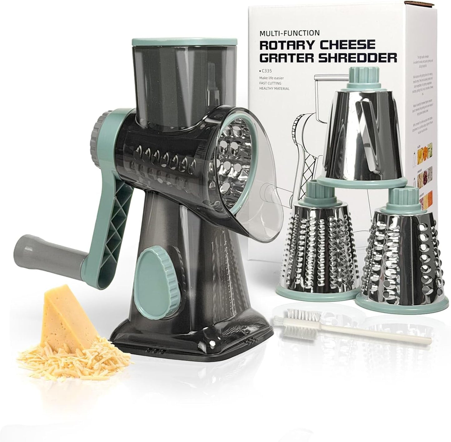 Cheese Grater Hand Crank, Stainless Steel Cheese Shredder with Strong Suction Base, Rotary Grater for Carrots, Potatoes, Vegetables and Fruits, Easy to Clean