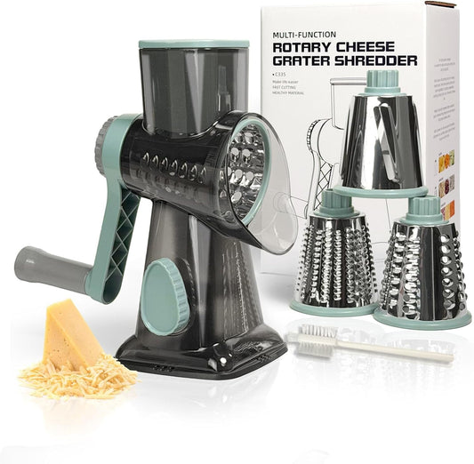 Cheese Grater Hand Crank, Stainless Steel Cheese Shredder with Strong Suction Base, Rotary Grater for Carrots, Potatoes, Vegetables and Fruits, Easy to Clean