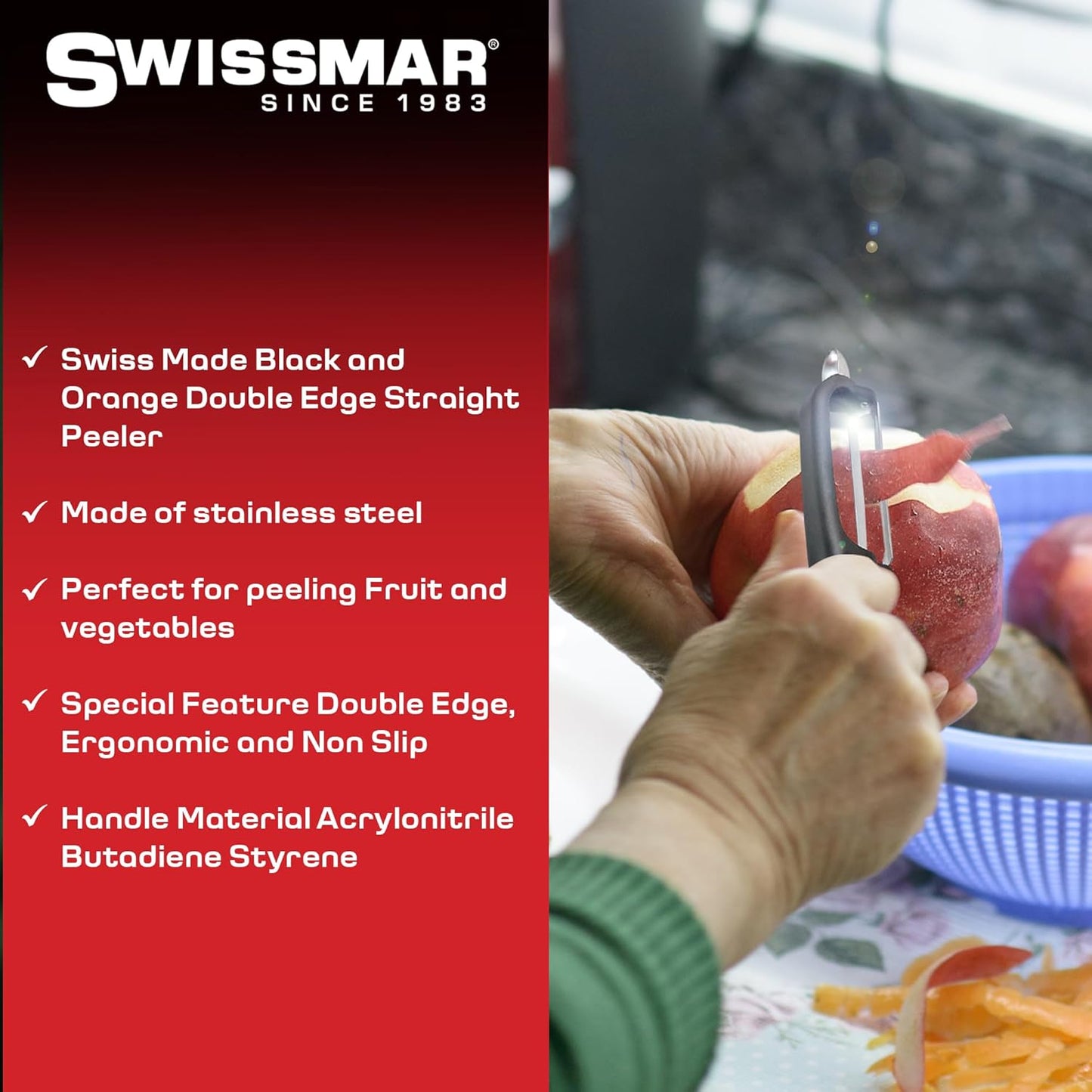 Swissmar Swiss Non-Slip Double Edge Straight Peeler - Easy-Grip Stainless Steel Peeler - Versatile Kitchen Tool, Ideal for Potato Peeler, Veggie Peeler & more - Black & Orange