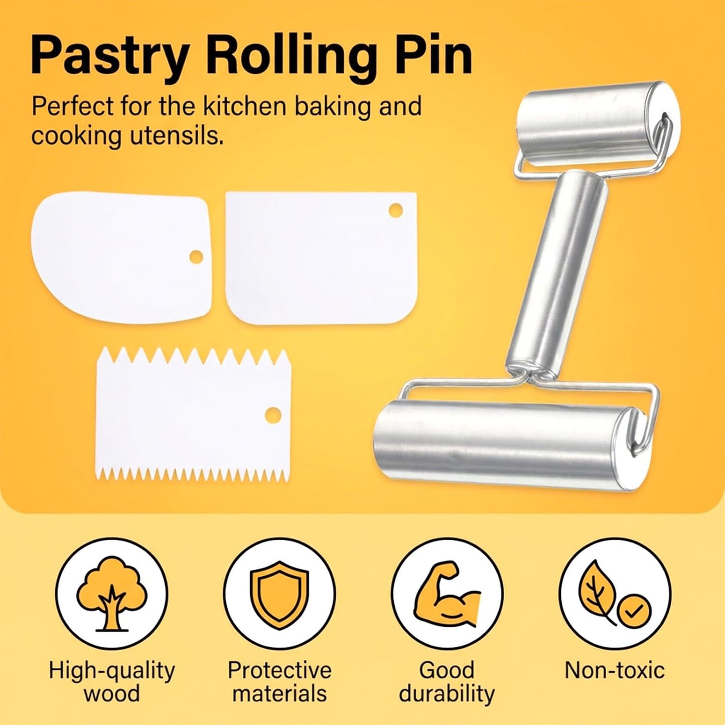 Stainless Steel Rrolling Pin, Pastry Pizza Roller Non Stick Smooth Dough Roller with 3Pcs Scraper Practical Metal Kitchen Utensils for Home Baking Dough, Pie, Pastries, Pasta, Cookies (H Shape)