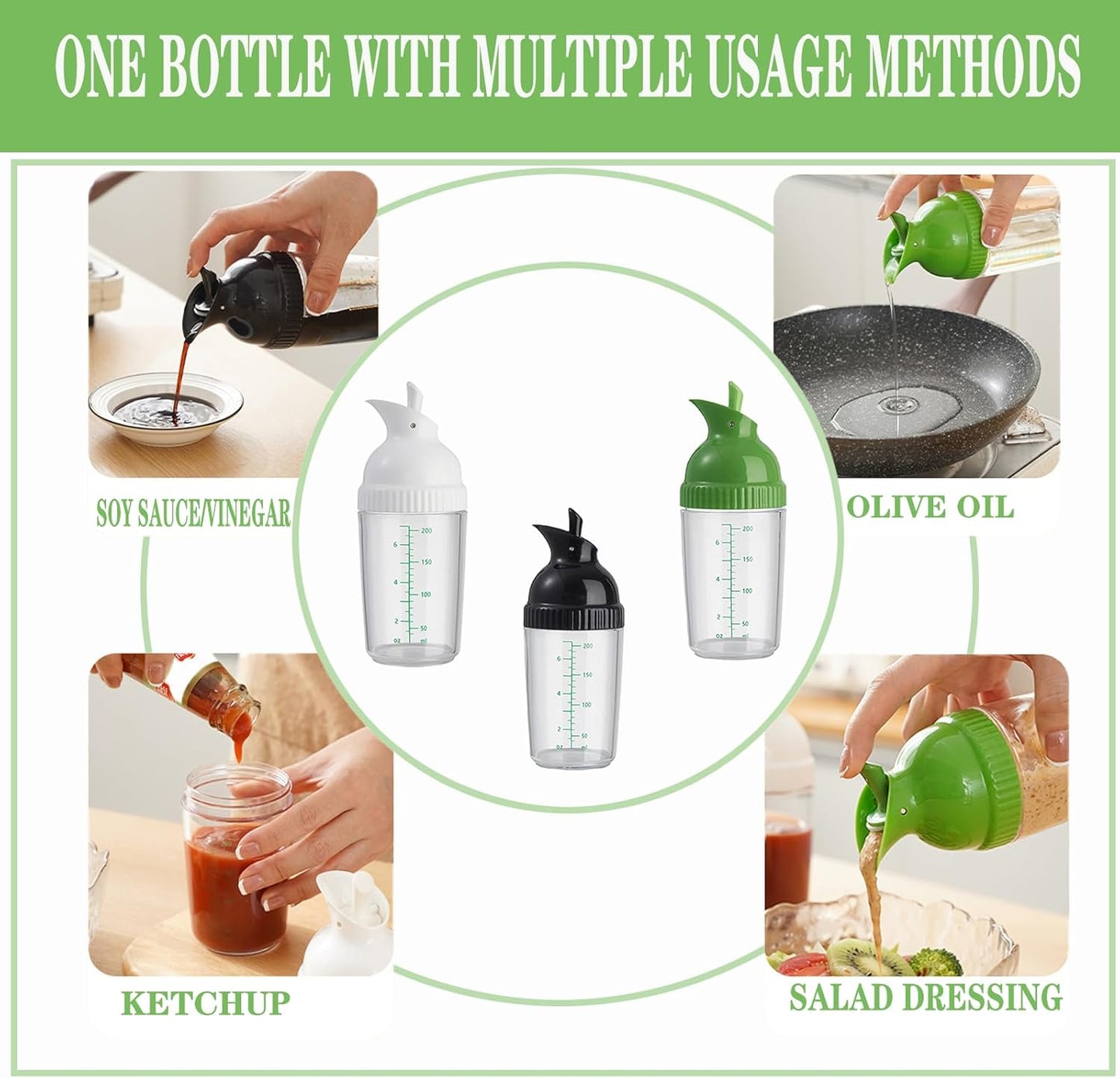 Black, white, and green salad dressing shake bottles, homemade salad dressing bottle mixer measuring device, no drip pouring, soft grip design, free of bisphenol A (200mL each)