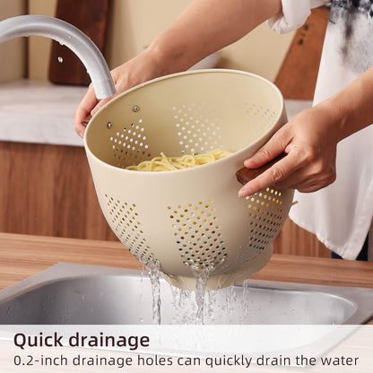 Metal Colander with Wood Handle and Stable Base, 5.5 Quart Powder Coated Steel Kitchen Strainer Basket for Draining Pasta, Vegetable and fruit,Cream