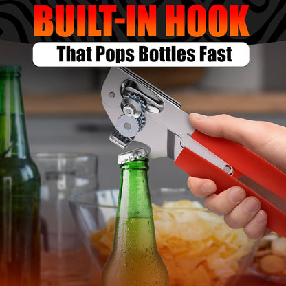 Heavy Duty Commercial Can Opener – Stainless Steel Can Opener for Large & Small Cans, Manual 360° Smooth Crank with Ergonomic Long Handles, Non-Slip Grip, 2-in-1 Bottle Opener for Restaurants & Home