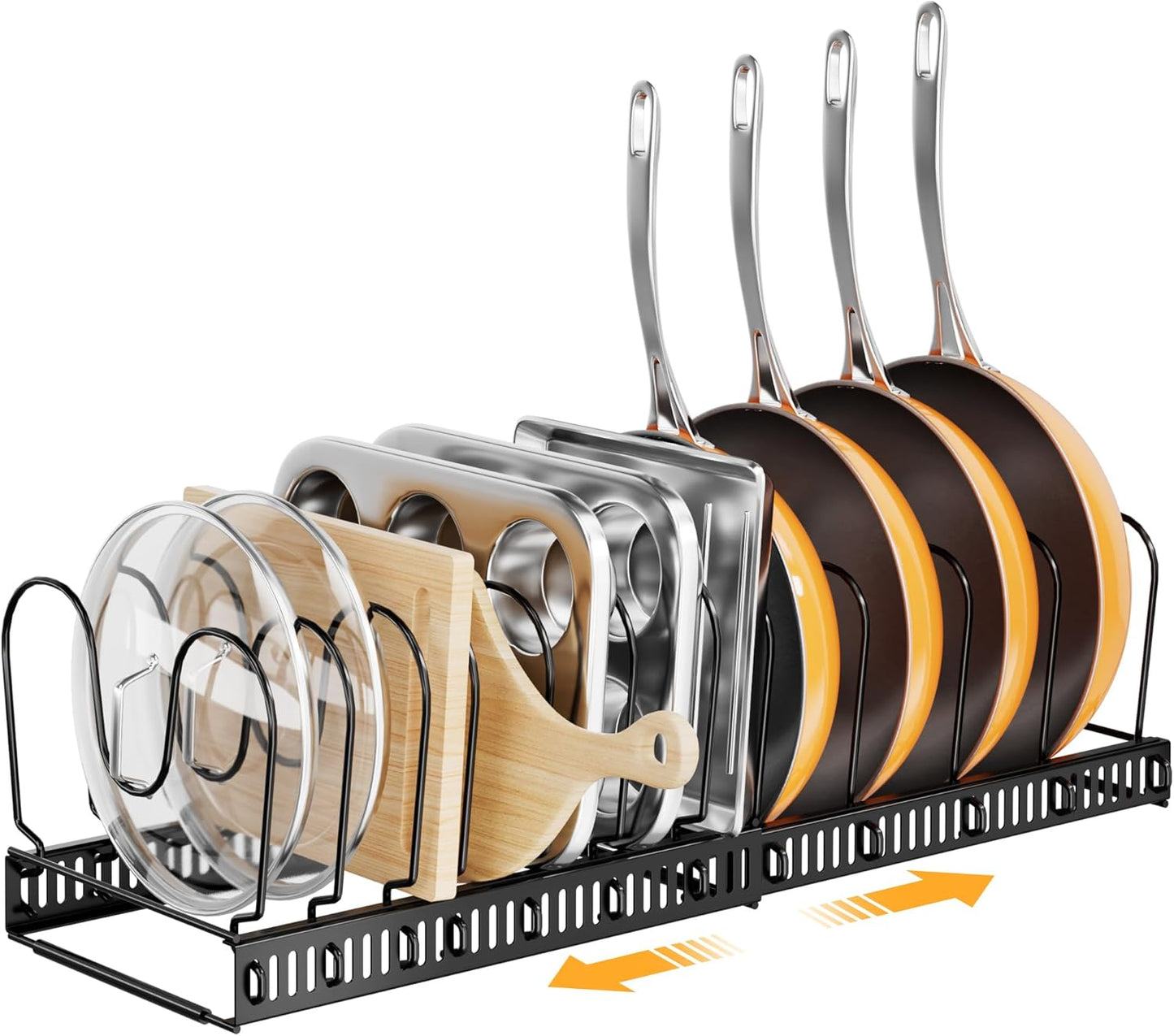 ORDORA Pots and Pans Organizer under Cabinet with Pot Lid Organizer, Expandable Rack for Pan and Pot Organizers Inside Cabinet, 12"-23" Adjustable with 10 Dividers for Kitchen Organization, Black