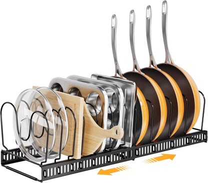 ORDORA Pots and Pans Organizer under Cabinet with Pot Lid Organizer, Expandable Rack for Pan and Pot Organizers Inside Cabinet, 12"-23" Adjustable with 10 Dividers for Kitchen Organization, Black