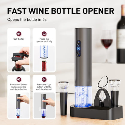 Electric Wine Opener, Rechargeable Cordless Wine Accessories, Stainless Steel Cordless Automatic Wine Bottle Corkscrew with Vacuum Stoppers, Foil Cutter for Home Party Wedding, Bars(Black)