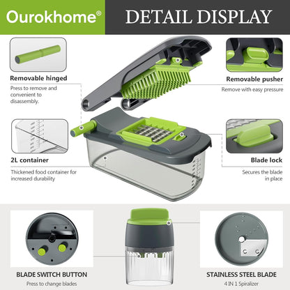 Ourokhome Veggie Chopper and Dicer with Container, Manual Hand Food Mandolin Slicer with 4 in 1 Handheld Vegetable Spiralizer for Zucchini, Potato, Onion, Essential Kitchen Gadgets (12 in 1, Gray)