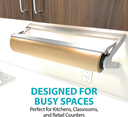 30" Roll Paper Dispenser with Cutter - Wall Mount or Desktop Metal Straight Edge Cutter - Fits Craft Paper Roll, Freezer, Wrapping, Butcher Papers, or Cling Film - Non-Sharp Edge, Grey